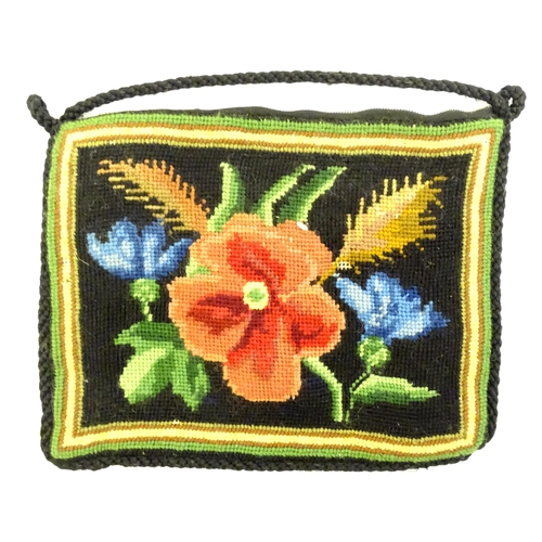 1567 - Vintage fashion accessories : A 1960s / 70s bead bag together with a rectangular purse with floral t... 