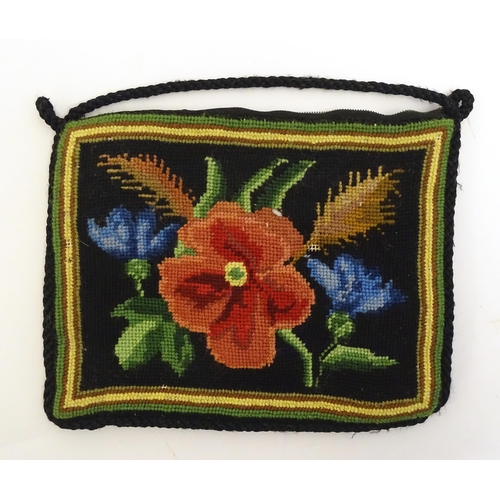 1567 - Vintage fashion accessories : A 1960s / 70s bead bag together with a rectangular purse with floral t... 