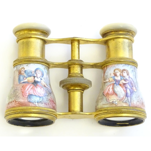 1282 - 19thC Continental gilt metal opera / theatre glasses with mother of pearl eye pieces and hand painte... 