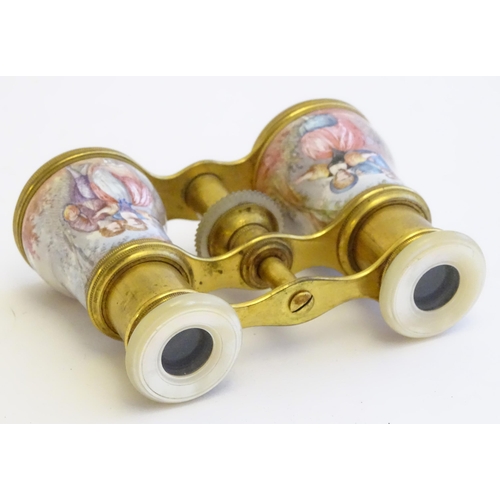 1282 - 19thC Continental gilt metal opera / theatre glasses with mother of pearl eye pieces and hand painte... 