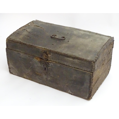 1340 - An 18thC coaching trunk / case, of oak construction with pinned leather exterior and hand forged han... 