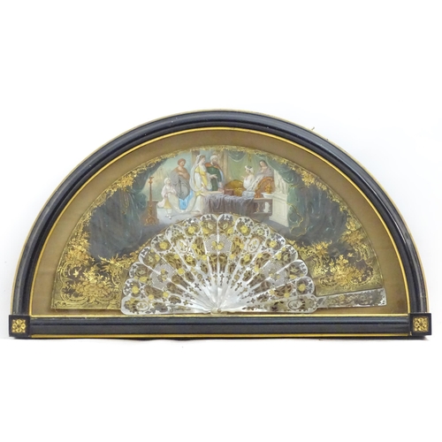 1343 - A 19thC Continental fan with 16 mother of pearl sticks and hand painted decoration depicting an inte... 