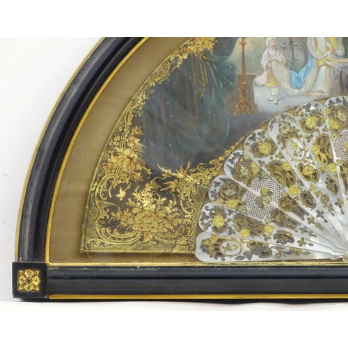 1343 - A 19thC Continental fan with 16 mother of pearl sticks and hand painted decoration depicting an inte... 