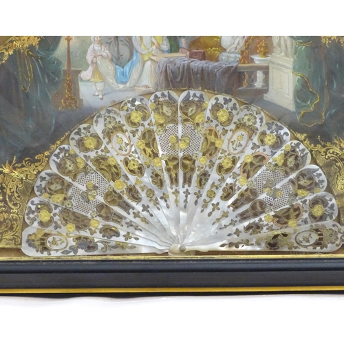 1343 - A 19thC Continental fan with 16 mother of pearl sticks and hand painted decoration depicting an inte... 