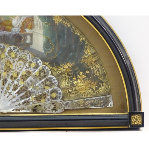 1343 - A 19thC Continental fan with 16 mother of pearl sticks and hand painted decoration depicting an inte... 