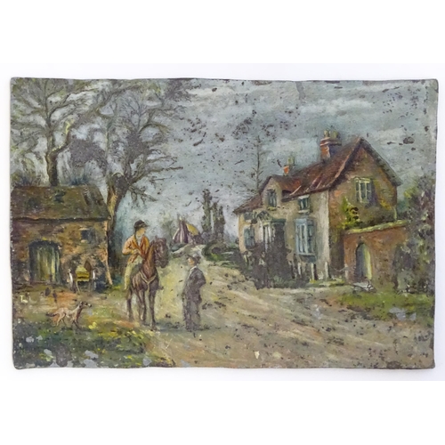 1185A - A 19thC oil on tin miniature depicting a village street scene with a hunting gentleman on horseback ... 