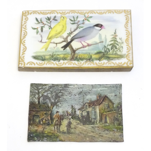 1185A - A 19thC oil on tin miniature depicting a village street scene with a hunting gentleman on horseback ... 