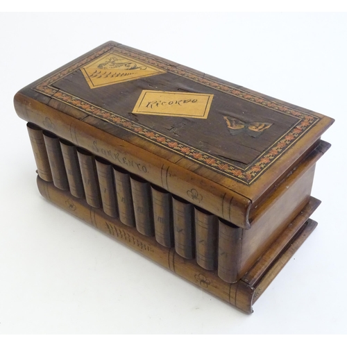 1196 - An early 20thC Italian Ricordo Sorrento ware puzzle jewellery box in the form of a collection of boo... 