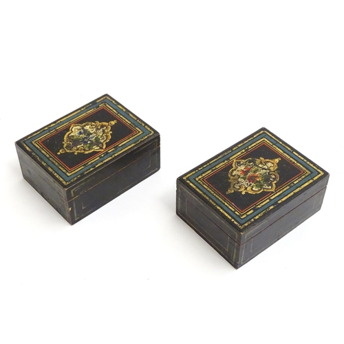 1221 - Two late 19th / early 20thC Continental boxes decorated with a scrolled vignette with floral detail ... 