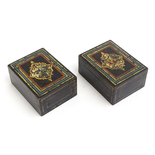 1221 - Two late 19th / early 20thC Continental boxes decorated with a scrolled vignette with floral detail ... 