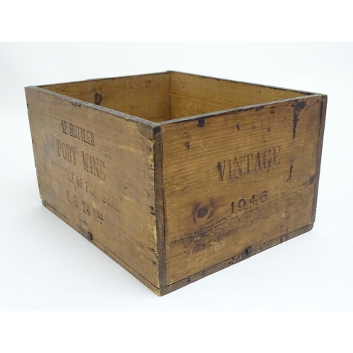 1465 - A 20thC wooden port wine box, marked Produce of Portugal 1946. Approx. 9 1/2