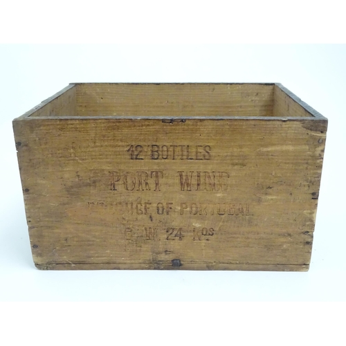 1465 - A 20thC wooden port wine box, marked Produce of Portugal 1946. Approx. 9 1/2