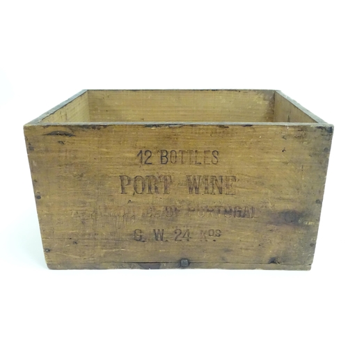 1465 - A 20thC wooden port wine box, marked Produce of Portugal 1946. Approx. 9 1/2