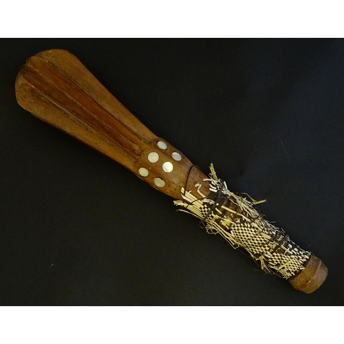 1472 - Ethnographic / Native / Tribal: A tribal wooden mace / club with flanged head, mother of pearl round... 