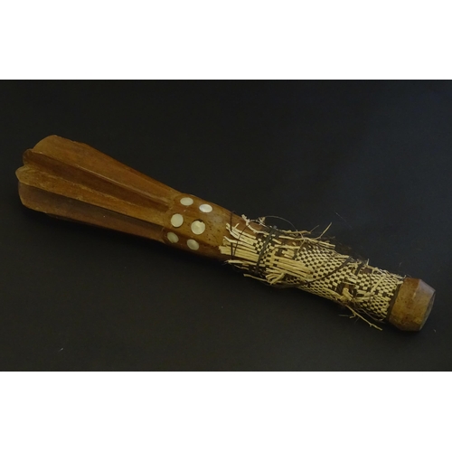 1472 - Ethnographic / Native / Tribal: A tribal wooden mace / club with flanged head, mother of pearl round... 