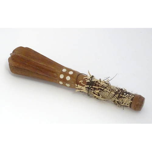 1472 - Ethnographic / Native / Tribal: A tribal wooden mace / club with flanged head, mother of pearl round... 