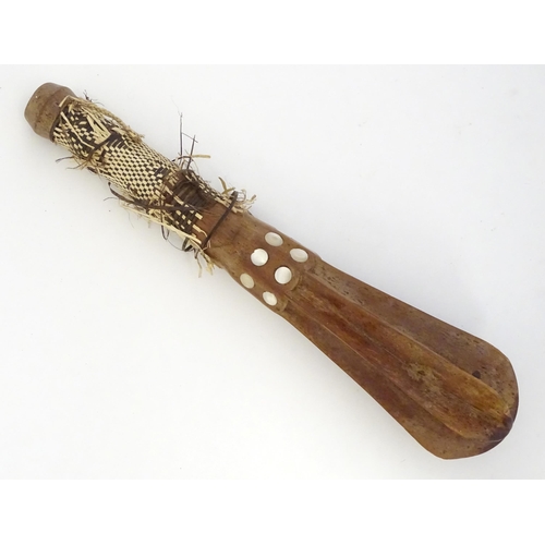 1472 - Ethnographic / Native / Tribal: A tribal wooden mace / club with flanged head, mother of pearl round... 