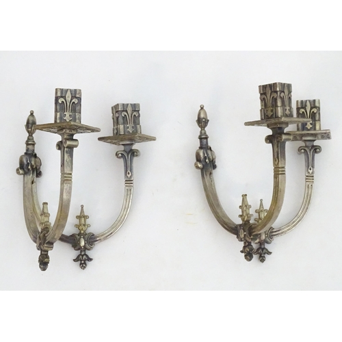 2242 - A pair of 20thC twin branch wall lights with Fleur de lys and stylised Georgian dolphin decoration A... 