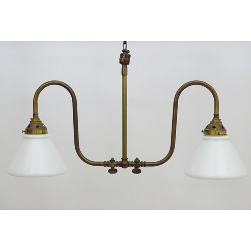 2270 - A twin branch light fitting with white glass conical shaped shades. Approx. 25