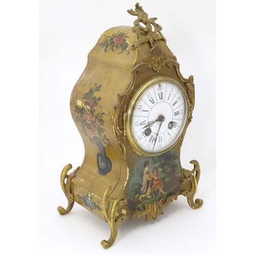 2289 - A French 19thC mantle clock decorated in the Vernis Martin style with gilt mounts, enamel dial and 8... 