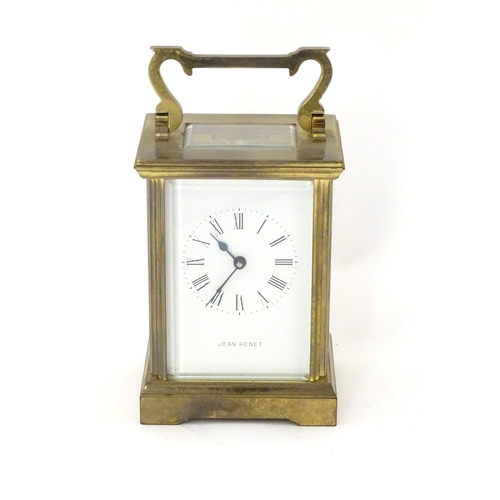 2290 - A brass five glass carriage clock, the white enamel dial  with Roman numerals and inscribed 'Jean Re... 