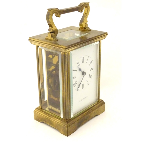 2290 - A brass five glass carriage clock, the white enamel dial  with Roman numerals and inscribed 'Jean Re... 