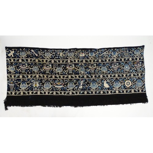 1561 - A 20thC Chinese altar cloth with embroidered decoration depicting auspicious symbols to include scro... 