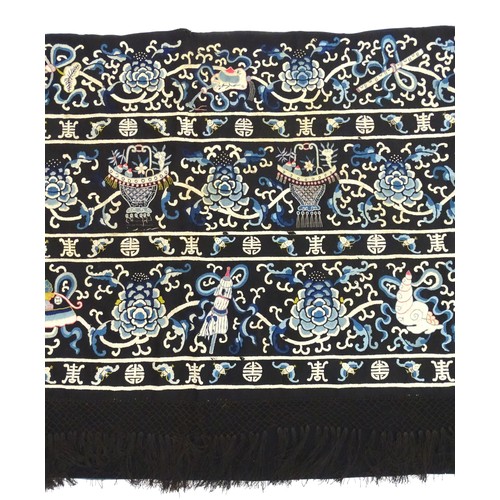 1561 - A 20thC Chinese altar cloth with embroidered decoration depicting auspicious symbols to include scro... 