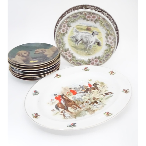 52 - A quantity of plates to include a meat plate with hunting scenes, Hamilton Collection commemorative ... 