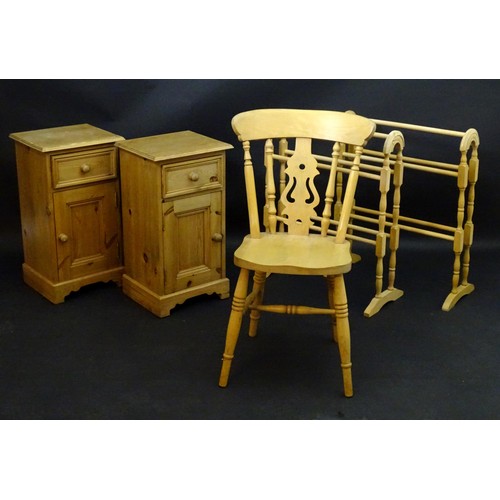 15 - Assorted pine furniture to include :  2 towel rails, 2 bedside cabinets and a chair (5)