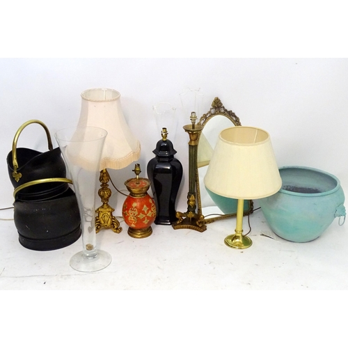 1110 - Assorted items to include table lamps, coal scuttles, a glass vase and a painted jardiniere