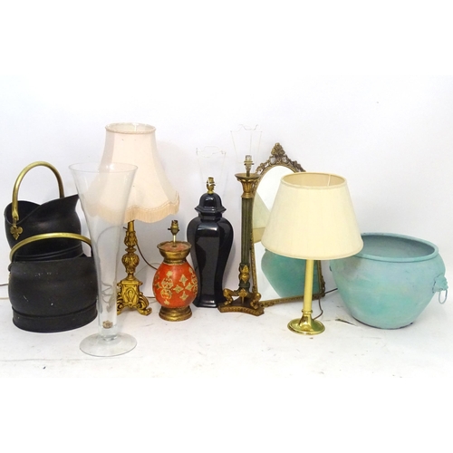 1110 - Assorted items to include table lamps, coal scuttles, a glass vase and a painted jardiniere