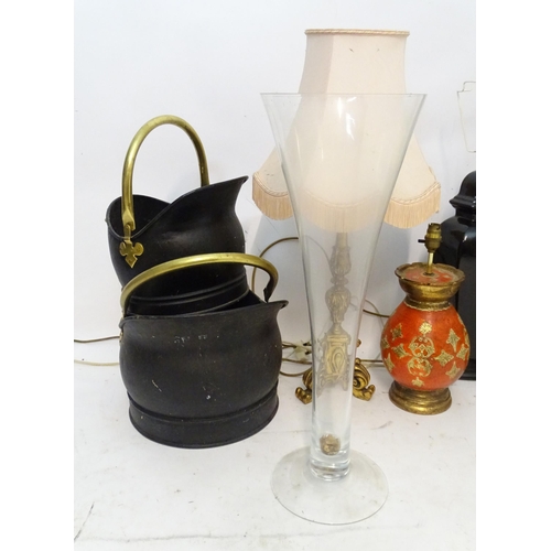 1110 - Assorted items to include table lamps, coal scuttles, a glass vase and a painted jardiniere