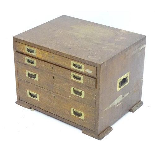 1111 - A Walker & Hall, Sheffield oak cutlery/ flatware box / canteen with four drawers and campaign style ... 