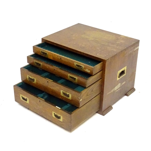 1111 - A Walker & Hall, Sheffield oak cutlery/ flatware box / canteen with four drawers and campaign style ... 