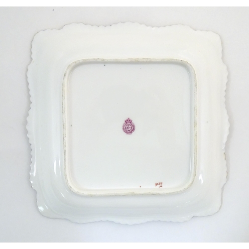 76 - A Royal Worcester dish of squared form with central floral decoration to centre and swag border. Mar... 