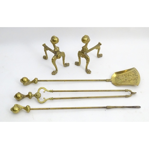 1354 - A 19thC fireside companion set, comprising tongs, poker and shovel with pair of fire dogs, each item... 