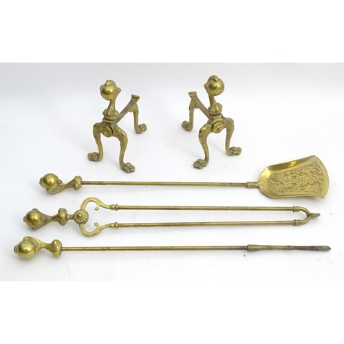 1354 - A 19thC fireside companion set, comprising tongs, poker and shovel with pair of fire dogs, each item... 