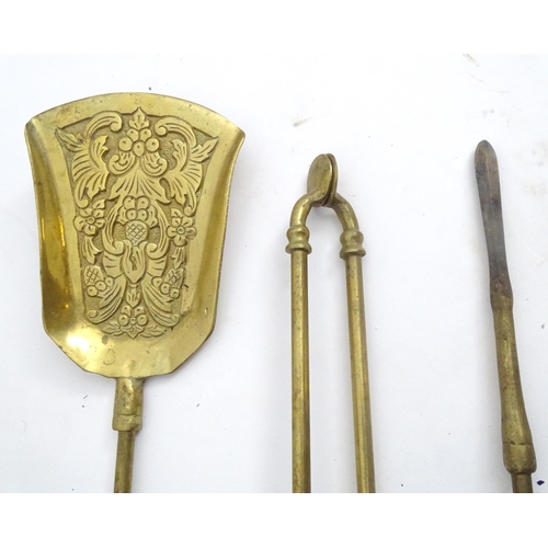 1354 - A 19thC fireside companion set, comprising tongs, poker and shovel with pair of fire dogs, each item... 