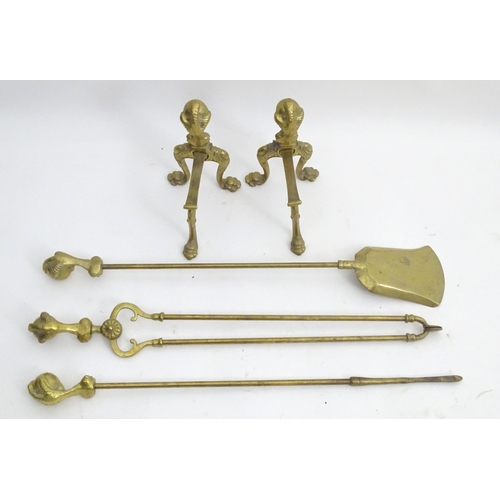 1354 - A 19thC fireside companion set, comprising tongs, poker and shovel with pair of fire dogs, each item... 