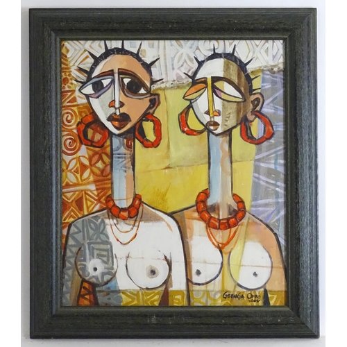 Gbenga Offo (b. 1957), Nigerian School, Oil on board, A portrait of two African nude models wearing beaded jewellery. Signed and dated 2000 lower left. Approx. 20 1/4" x 17 1/4"