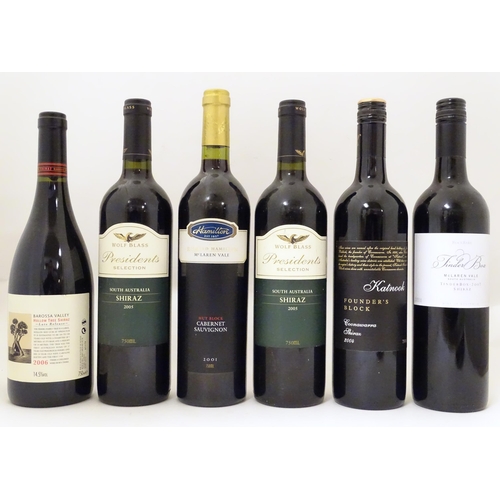 2168 - Six bottles of red wine, to include a Wolf Blass President's Selection 2005 Shiraz 75cl and a Rockba... 