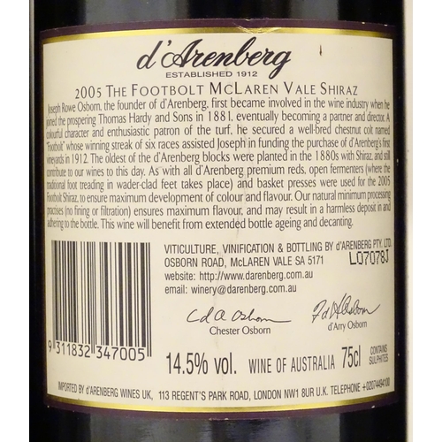 2169 - Six bottles of red wine, to include three D'Arenberg McLaren Vale 'The Footbolt' Shiraz 2005 75cl (6... 