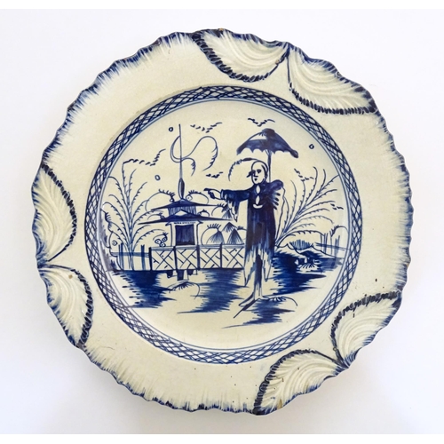 5 - A blue and white pearlware plate decorated in the Long Eliza pattern, depicting a Chinoiserie scene ... 