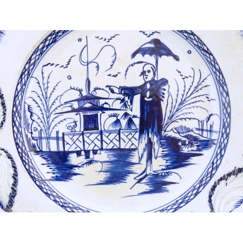 5 - A blue and white pearlware plate decorated in the Long Eliza pattern, depicting a Chinoiserie scene ... 