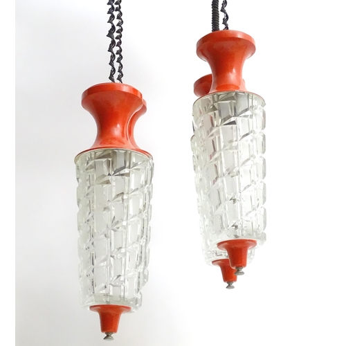 1347A - A vintage retro / midcentury ceiling light, the four pendant lamps with hobnail cut glass shades and... 