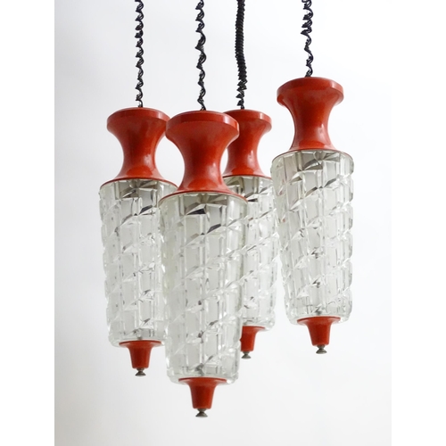 1347A - A vintage retro / midcentury ceiling light, the four pendant lamps with hobnail cut glass shades and... 