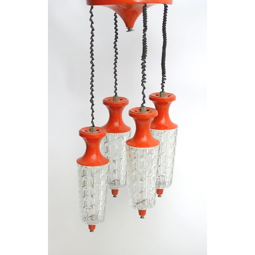 1347A - A vintage retro / midcentury ceiling light, the four pendant lamps with hobnail cut glass shades and... 