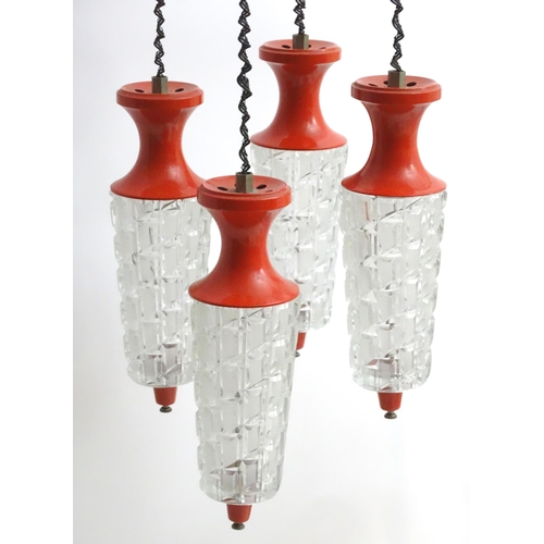 1347A - A vintage retro / midcentury ceiling light, the four pendant lamps with hobnail cut glass shades and... 