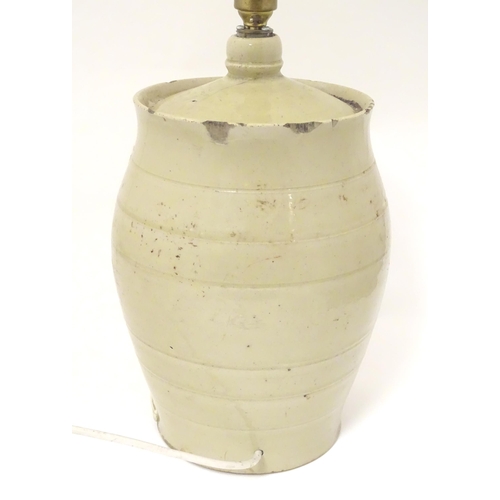 1349 - A 19thC stoneware rum ration barrel / flagon converted to a table lamp, the base of ovoid form and d... 